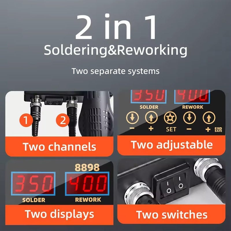 Soldering Iron,Iron Gun, High Quality Soldering Station Dual Screen Led Digital Solder Iron Desoldering Station Bga Rework Solder Station Hot Air Gun + Electric Iron Set (8898 British Soldering Kit) - Image 2