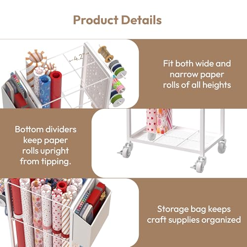 Sunnacate Gift Wrapping Station with 12PCS Slap Bands, Rolling Wrapping Paper Cart Station Organizer Gift Wrap Storage, Ribbon Holder Rack, Craft Organizers and Storage Christmas - Image 5