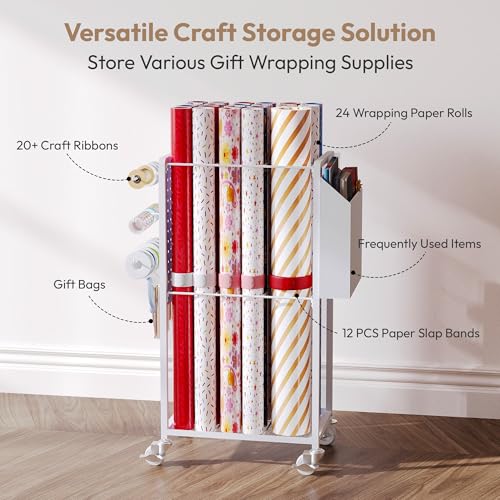 Sunnacate Gift Wrapping Station with 12PCS Slap Bands, Rolling Wrapping Paper Cart Station Organizer Gift Wrap Storage, Ribbon Holder Rack, Craft Organizers and Storage Christmas - Image 2