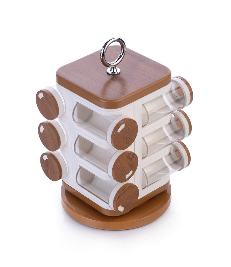GANESH Multipurpose Revolving Round Shape Plastic Spice Jars containers For Kitchen Organizer Items, Spices Storage Jar/ Masala Box/ Spice Rack/ Condiment Masala Rack Container Set ( 12 Pieces, Wooden Finish) - Image 5
