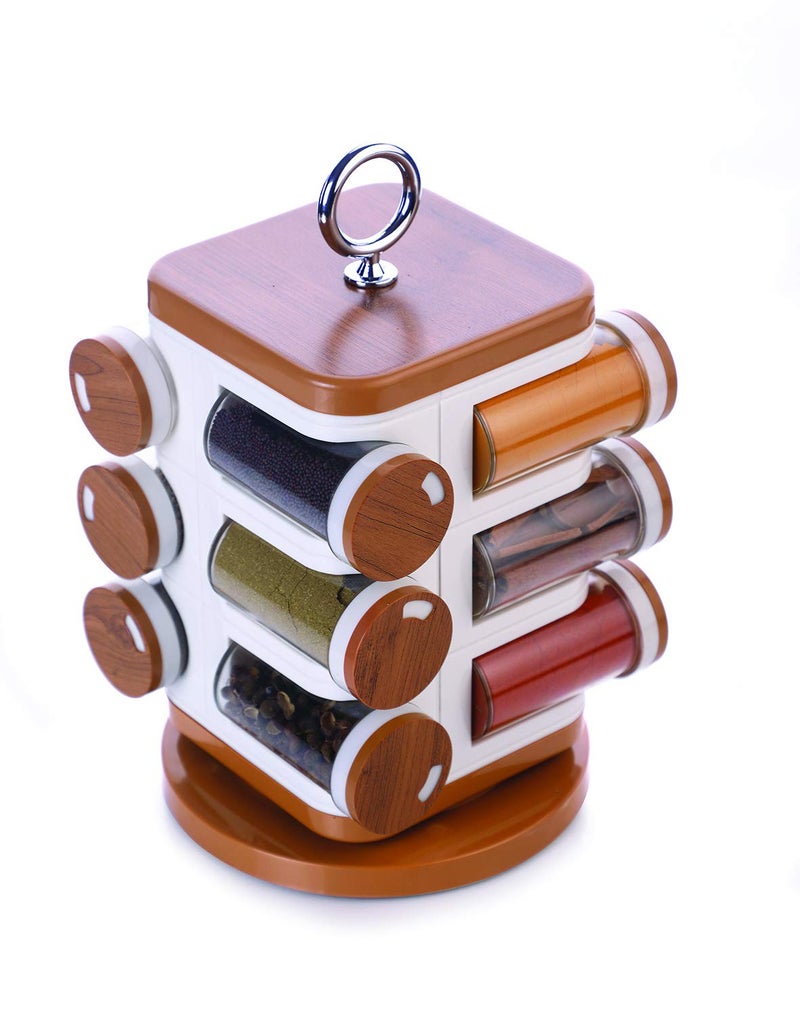 GANESH Multipurpose Revolving Round Shape Plastic Spice Jars containers For Kitchen Organizer Items, Spices Storage Jar/ Masala Box/ Spice Rack/ Condiment Masala Rack Container Set ( 12 Pieces, Wooden Finish) - Image 4