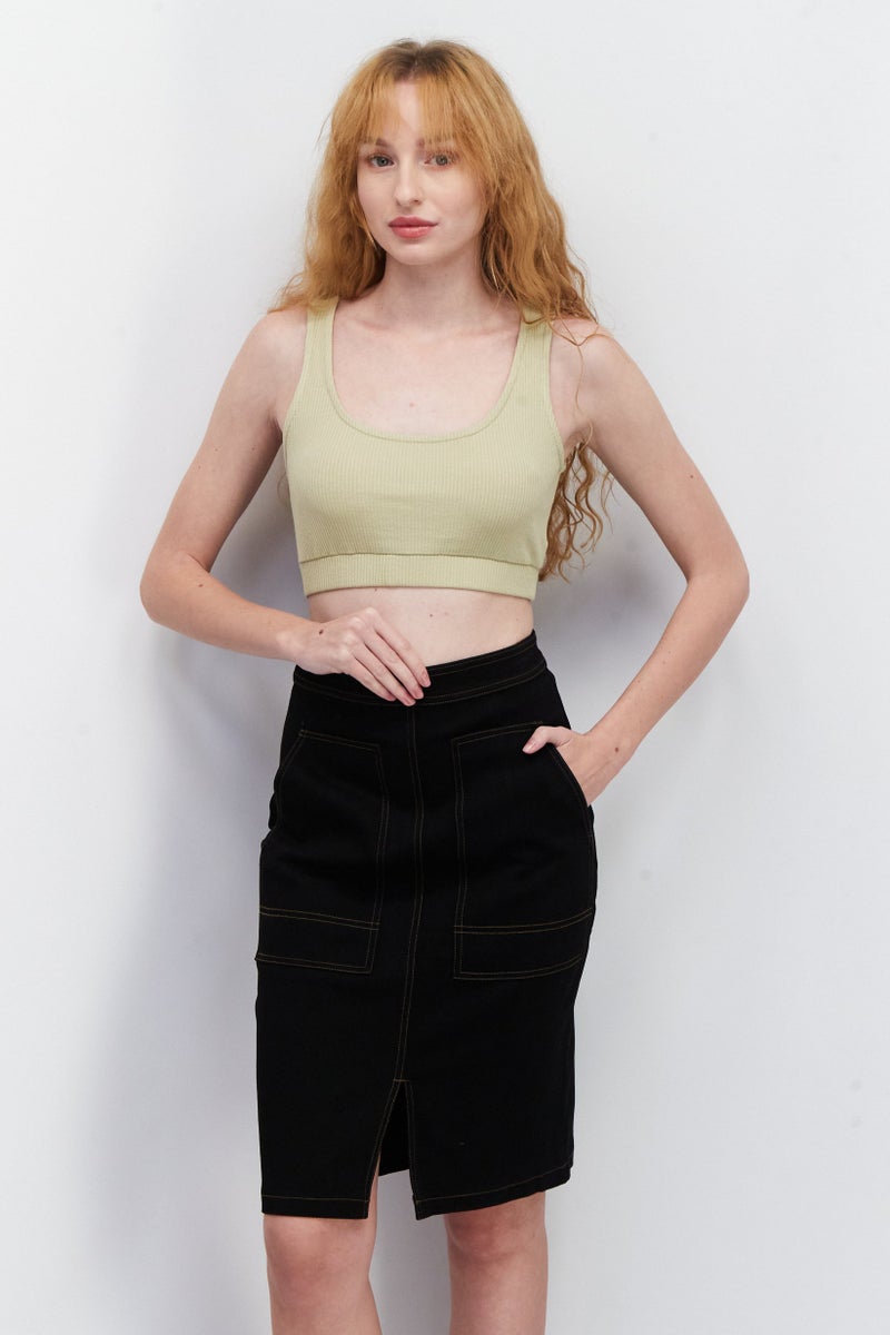 NA-KD Women Scoop Neck Sleeveless Textured Crop Top, Khaki  - Image 1