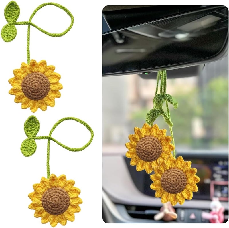 STHIRA® 2Pcs Crochet Sunflower Car Mirror Hanging Cheerful Handcrafted Sunflower Crochet Charms for Car Interior Decoration Accessories, Rear View Mirror Hanging, Bag, Room Wall Decor, Bag Charms - Image 1
