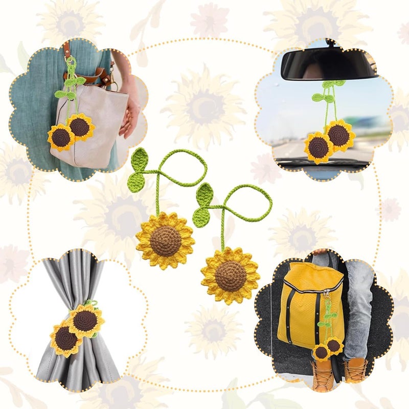 STHIRA® 2Pcs Crochet Sunflower Car Mirror Hanging Cheerful Handcrafted Sunflower Crochet Charms for Car Interior Decoration Accessories, Rear View Mirror Hanging, Bag, Room Wall Decor, Bag Charms - Image 4