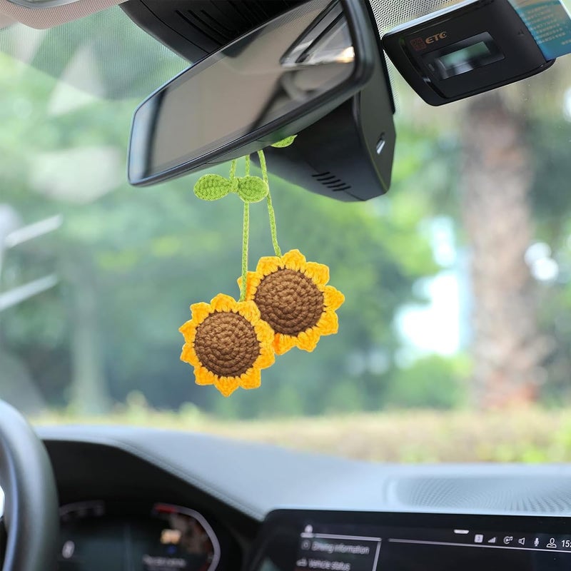 STHIRA® 2Pcs Crochet Sunflower Car Mirror Hanging Cheerful Handcrafted Sunflower Crochet Charms for Car Interior Decoration Accessories, Rear View Mirror Hanging, Bag, Room Wall Decor, Bag Charms - Image 5