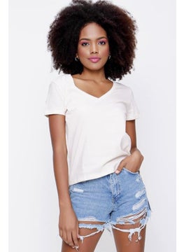 Tena Women's Beige Front Short Back Long V Neck Jersey T-Shirt  - Image 2