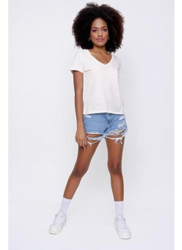 Tena Women's Beige Front Short Back Long V Neck Jersey T-Shirt  - Image 3