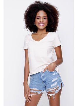 Tena Women's Beige Front Short Back Long V Neck Jersey T-Shirt  - Image 1
