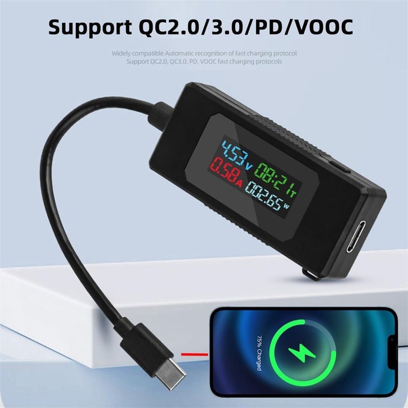 كاست ويف جهاز اختبار USB Type-C، مقياس الطاقة، مراقب الجهد والتيار، كاشف السعة، ملتيميتر USB-C، 4-30 فولت 0-6.5 أمبير، أداة تشخيص الشحن، أميتر وفولتميتر رقمي - Image 3