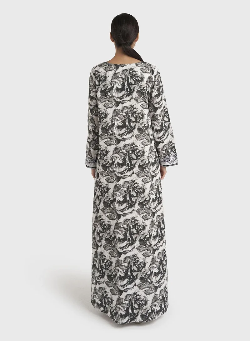 Kashkha  Black Floral Print Liberty Cotton Jalabiya (VW439) for Women | Best Price UAE