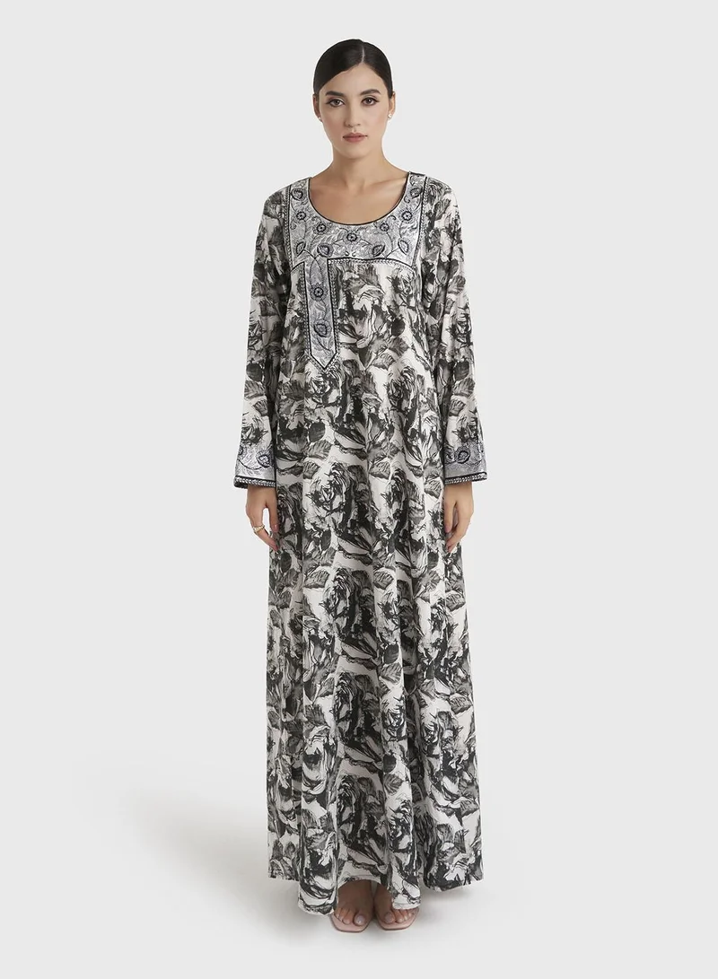 كشخة Black Floral Print Liberty Cotton Jalabiya (VW439)