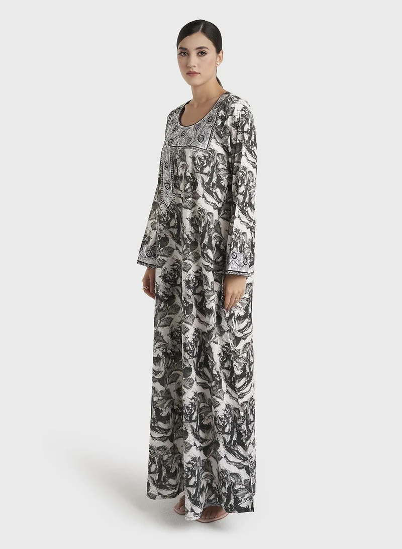 Kashkha  Black Floral Print Liberty Cotton Jalabiya (VW439) for Women | Best Price UAE