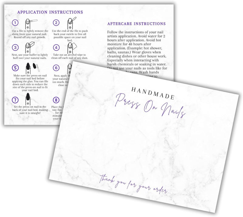 Handmade Acrylic Press On Nails Display Card | 5x7” 30 pk | w/Application Aftercare Instructions Inserts Marble for Packaging in Your 6 * 9 Holographic Bags Use With Double Sided Tape