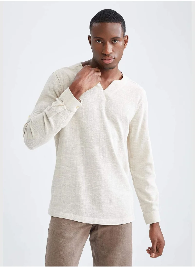 ديفاكتو Man Regular Fit V-Neck Woven Long Sleeve Shirt