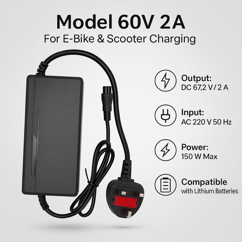 FUKUKAWA® 60V 2A E-Bike & Scooter Battery Charger | DC 67.2 V Output 2A 150 W Max | Fast Charge Smart Lithium Charger with Overheat & Over-Voltage Protection | UK 3-Pin Plug 220 V 50 Hz - Image 2