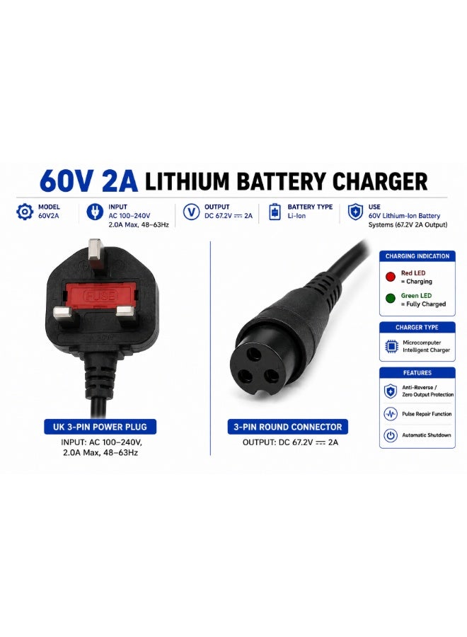 Fukukawa شاحن بطارية فوكوكابا® ‎67V2A للدراجات الكهربائية والسكوترات | خرج ‎DC ‎67.2V ‏2A بقدرة قصوى ‎150W | شاحن ليثيوم ذكي بالشحن السريع مع حماية من ارتفاع الحرارة وتجاوز الجهد | قابس بريطاني ثلاثي ‎220V ‎50Hz - Image 4