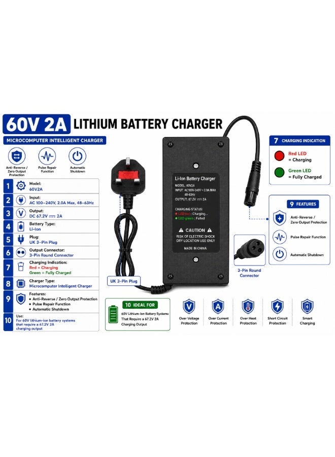 Fukukawa شاحن بطارية فوكوكابا® ‎67V2A للدراجات الكهربائية والسكوترات | خرج ‎DC ‎67.2V ‏2A بقدرة قصوى ‎150W | شاحن ليثيوم ذكي بالشحن السريع مع حماية من ارتفاع الحرارة وتجاوز الجهد | قابس بريطاني ثلاثي ‎220V ‎50Hz - Image 1