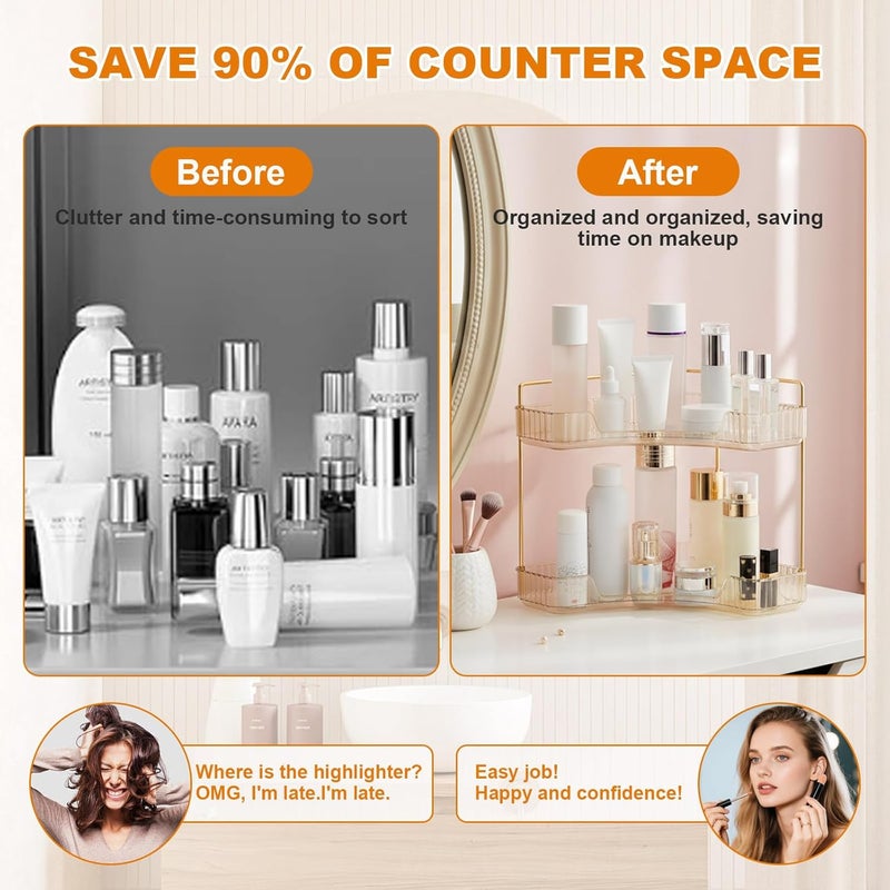 SHANNA Square Make Up Cosmetic Organiser: Adjustable Makeup Shelf for Dresser, Multifunctional Bathroom Organiser, Storage Box, for Perfumes, Skin Care Products (2 Tiers, Amber-B) - Image 2