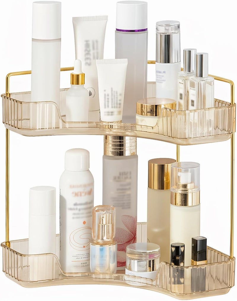 SHANNA Square Make Up Cosmetic Organiser: Adjustable Makeup Shelf for Dresser, Multifunctional Bathroom Organiser, Storage Box, for Perfumes, Skin Care Products (2 Tiers, Amber-B) - Image 1