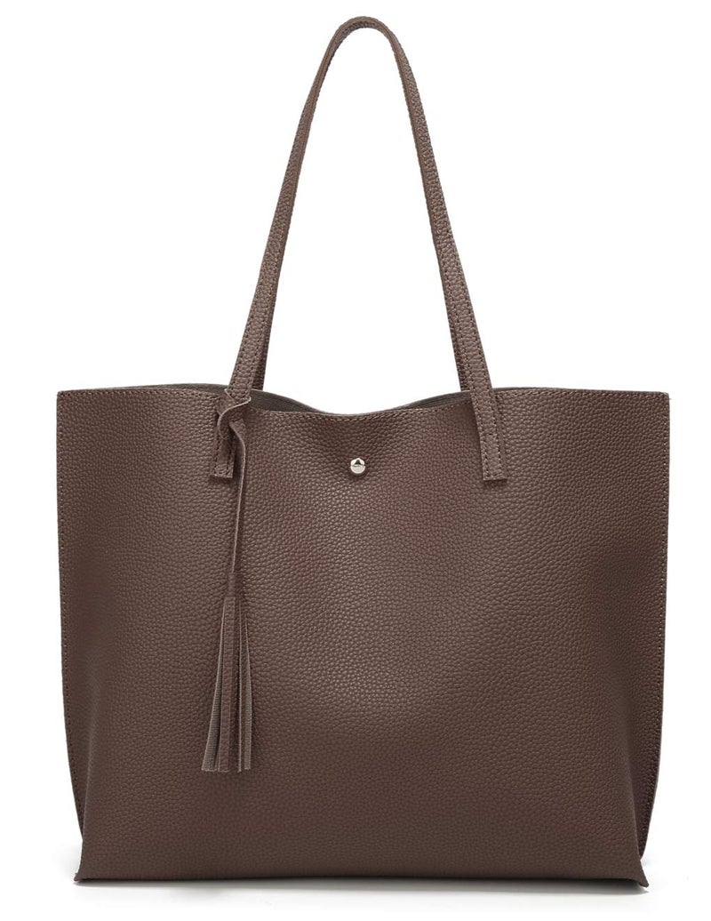 Dreubea Women's Soft Faux Leather Tote Shoulder Bag from, Big Capacity Tassel Handbag Coffee - Image 1