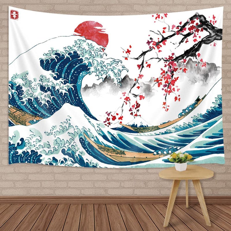 MERCHR Japanese Large Wall Tapestry Cool Ocean Wave Asian Anime Mount Red Sun Cherry Blossom Decorations for Bedroom 80x60 Inch
