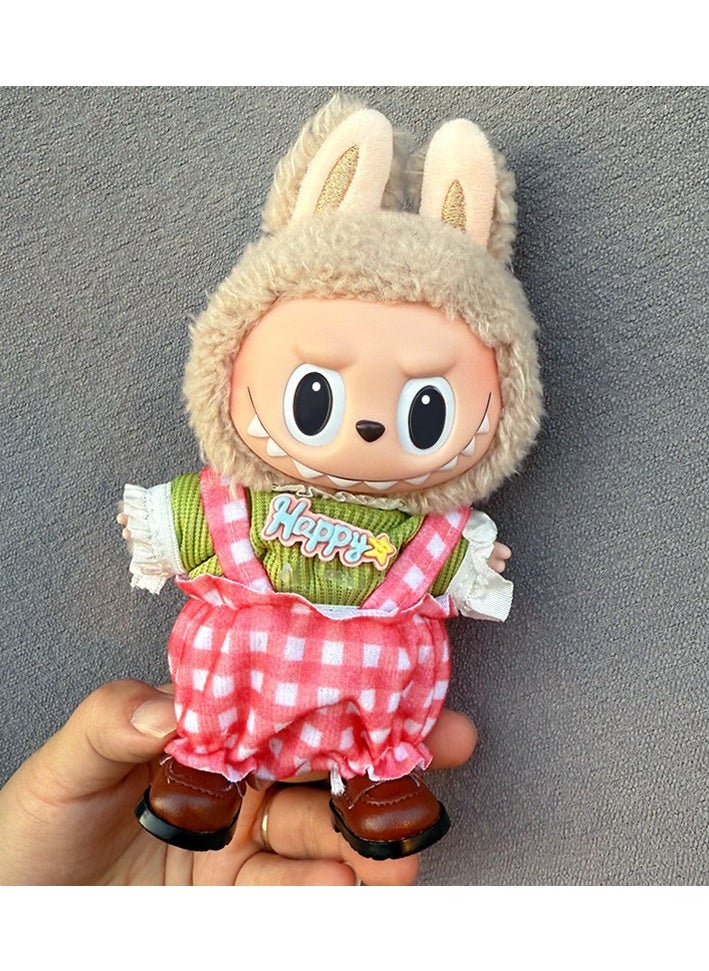 LABUBU Labubu Green Tee & Pink Check Overalls Set for 17cm Doll - Chic Picnic Style (Doll/Shoes Not Incl.) 