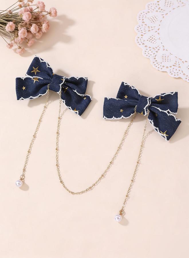 Take Two Dark Blue Bow Hair Clips with Chain - Image 5