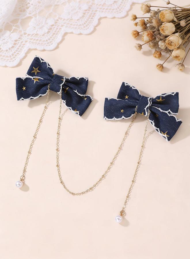 Take Two Dark Blue Bow Hair Clips with Chain - Image 4