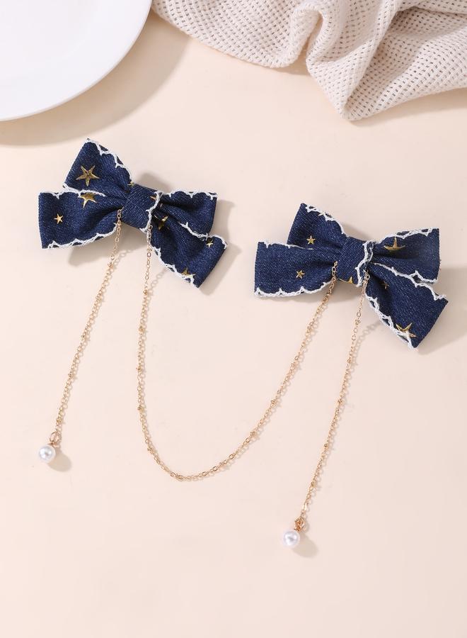 Take Two Dark Blue Bow Hair Clips with Chain - Image 3