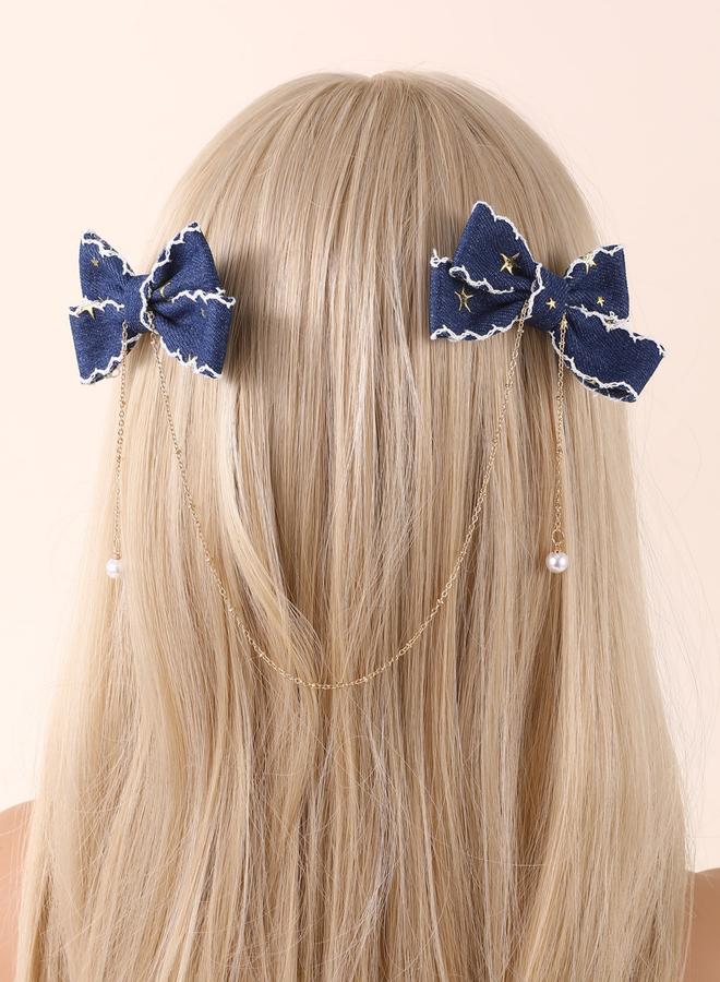 Take Two Dark Blue Bow Hair Clips with Chain - Image 1