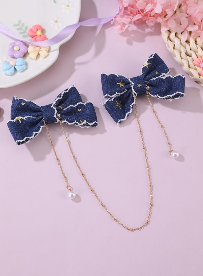 Take Two Dark Blue Bow Hair Clips with Chain - Image 2