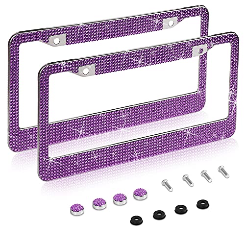 LEIWOOR 2 Pack Bling License Plate Frame，Handcrafted Bling Rhinestone Premium Stainless Steel License Plate Frame，14 Facets Clear Color Rhinestone Crystal (Dark-Purple) - Image 5
