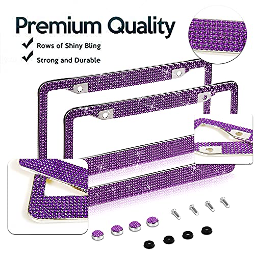 LEIWOOR 2 Pack Bling License Plate Frame，Handcrafted Bling Rhinestone Premium Stainless Steel License Plate Frame，14 Facets Clear Color Rhinestone Crystal (Dark-Purple) - Image 2