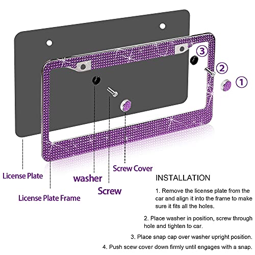LEIWOOR 2 Pack Bling License Plate Frame，Handcrafted Bling Rhinestone Premium Stainless Steel License Plate Frame，14 Facets Clear Color Rhinestone Crystal (Dark-Purple) - Image 3