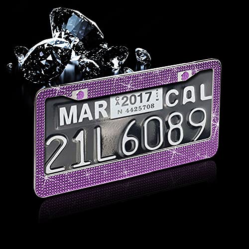 LEIWOOR 2 Pack Bling License Plate Frame，Handcrafted Bling Rhinestone Premium Stainless Steel License Plate Frame，14 Facets Clear Color Rhinestone Crystal (Dark-Purple) - Image 4