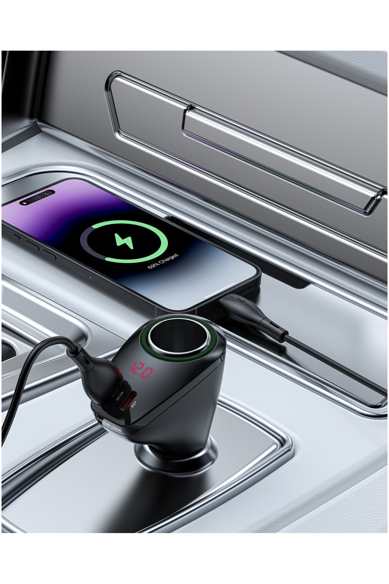 GREEN LION Power Drive Car Charger Total Output 75W with PD 45W & QC 30W / 12V Socket Splitter / Car Voltage Display / Heat Dissipation - Black - Image 2