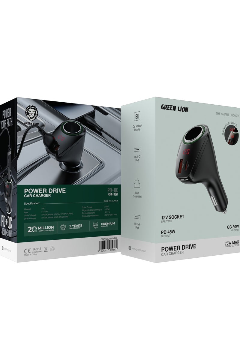 GREEN LION Power Drive Car Charger Total Output 75W with PD 45W & QC 30W / 12V Socket Splitter / Car Voltage Display / Heat Dissipation - Black - Image 4