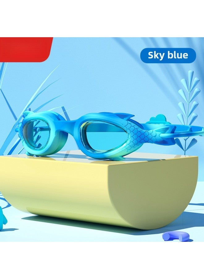Generic Children's Swimming Goggles Anti-fog Boys And Girls Small Frame Goggles Swimming Training Diving Swimming HD Waterproof Professional Equipment-Color:Sky Blue Fish Cartoon - Image 1