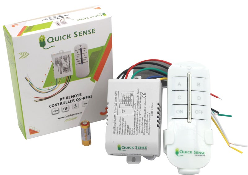 Quick Sense (QS-RF01) 4-Way RF Remote Control Switch – Wireless Remote Operated Light & Fan Controller, Standard Size Smart Switch for Home, Office & Automation - Image 1