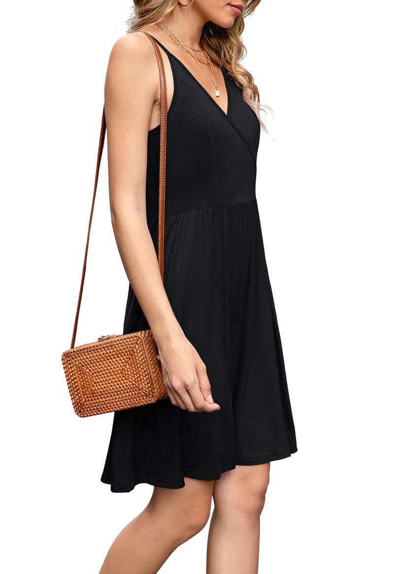 WEACZZY Black Dresses for Women 2026 Sexy V Neck Spaghetti Strap Summer Sun Dresses Casual Beach Cover Up Mini Vacation Dress with Pockets, M - Image 2