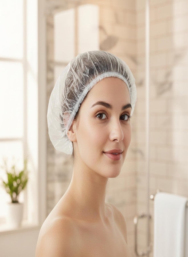 C-Cure Disposable Shower Cap Pack of 50, 18 Inch Large Waterproof Plastic Hair Cap with Elastic Band, Free Size Unisex for Women & Men, Hotel, Spa, Salon, Home & Travel Use - Image 1