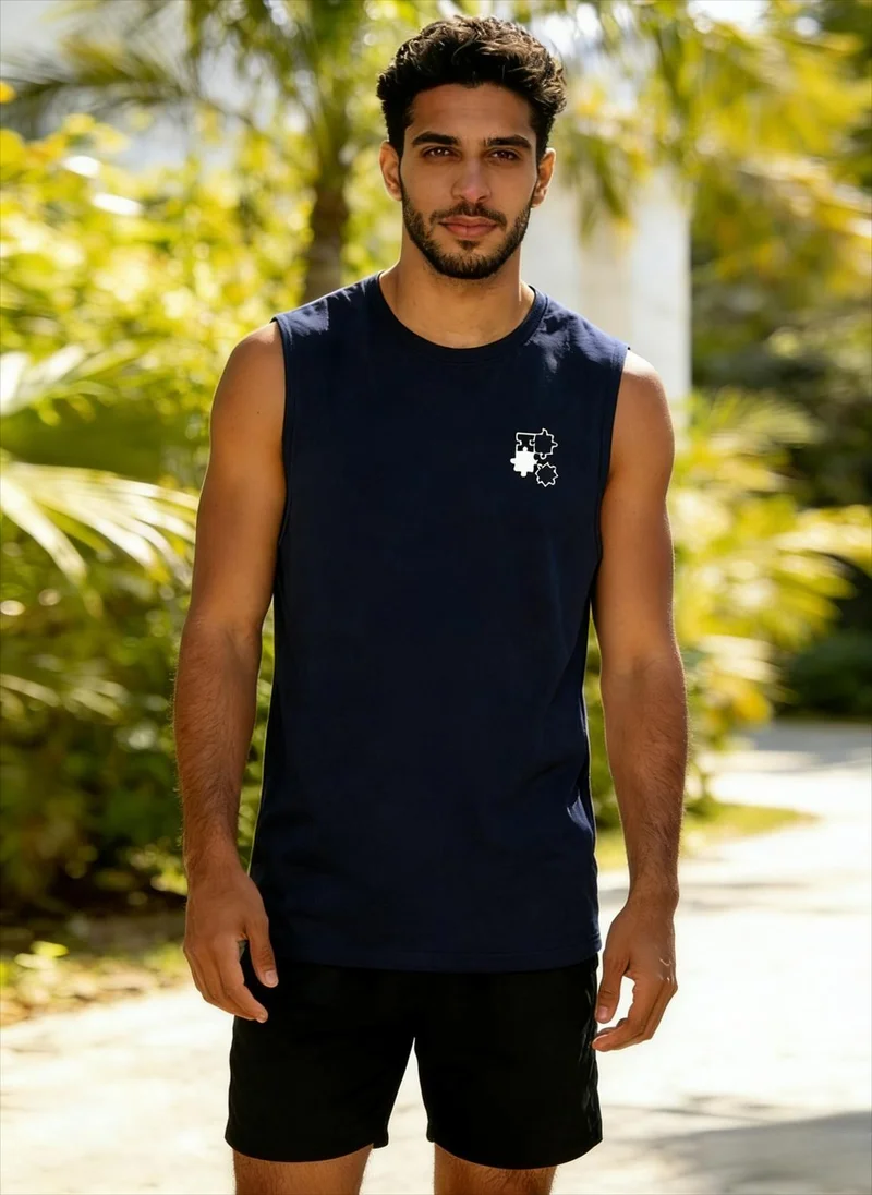Take Two Men Dark Blue Printed Round Neck Tank and Shorts Co-Ords