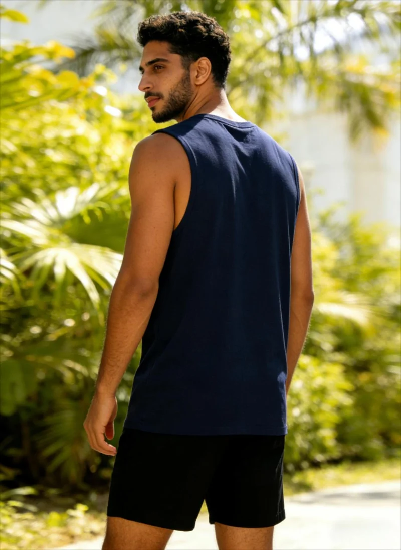 Take Two Men Dark Blue Printed Round Neck Tank and Shorts Co-Ords