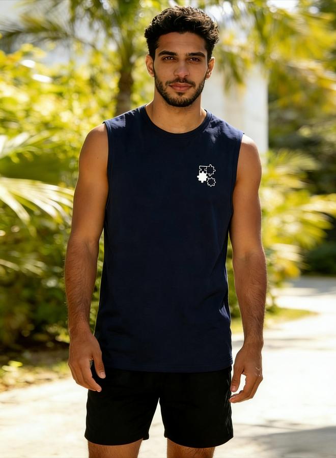 Take Two Men Dark Blue Printed Round Neck Tank and Shorts Co-Ords - Image 1