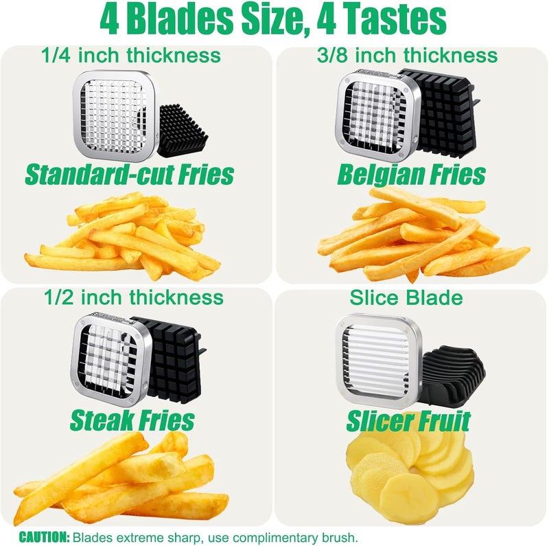 Eascandy French Fry Cutter with Apple Slicer, Heavy Duty Stainless Steel Potato Cutter for Fries, Sweet Potato, Carrot, Cucumber, Lemon, Pear. 1/2” & 3/8” & 1/4” Cutter + 12-Grid Fruit Slicer - Image 2