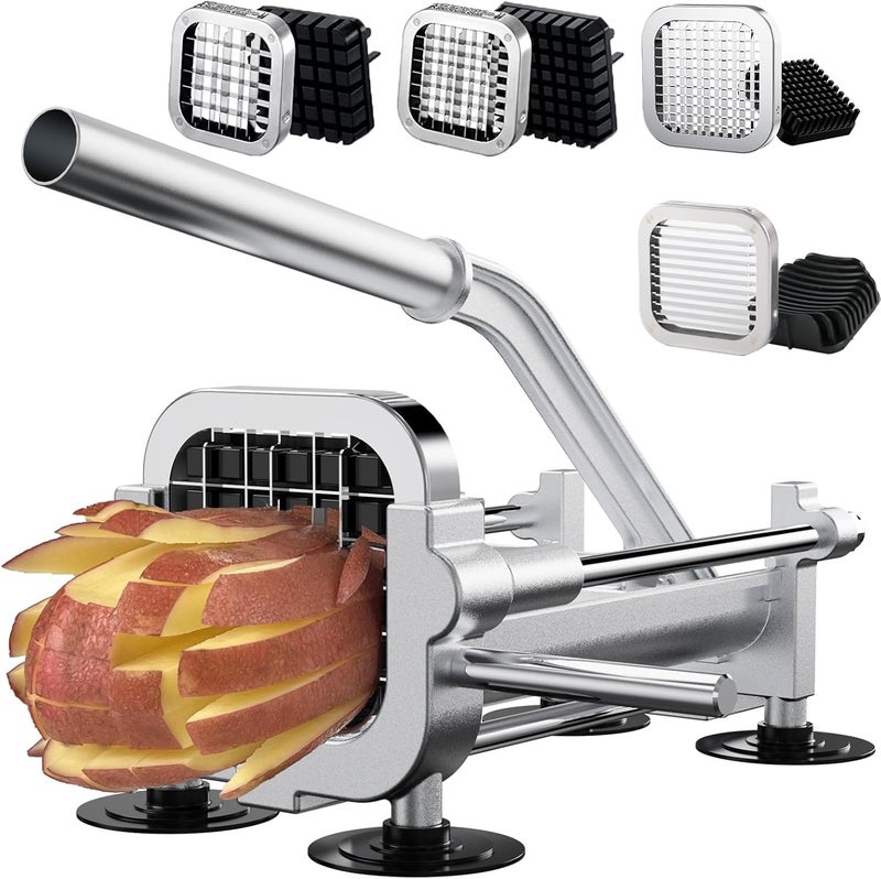 Eascandy French Fry Cutter with Apple Slicer, Heavy Duty Stainless Steel Potato Cutter for Fries, Sweet Potato, Carrot, Cucumber, Lemon, Pear. 1/2” & 3/8” & 1/4” Cutter + 12-Grid Fruit Slicer - Image 1
