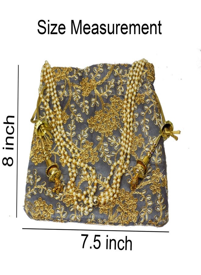 Brown Leaf® Beautiful Thread Work Ethnic Silk Handmade Designer Potli Bag for Girls & Women (Grey) - Image 4