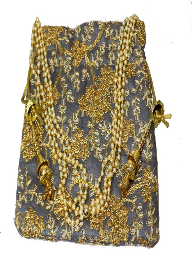 Brown Leaf® Beautiful Thread Work Ethnic Silk Handmade Designer Potli Bag for Girls & Women (Grey) - Image 3
