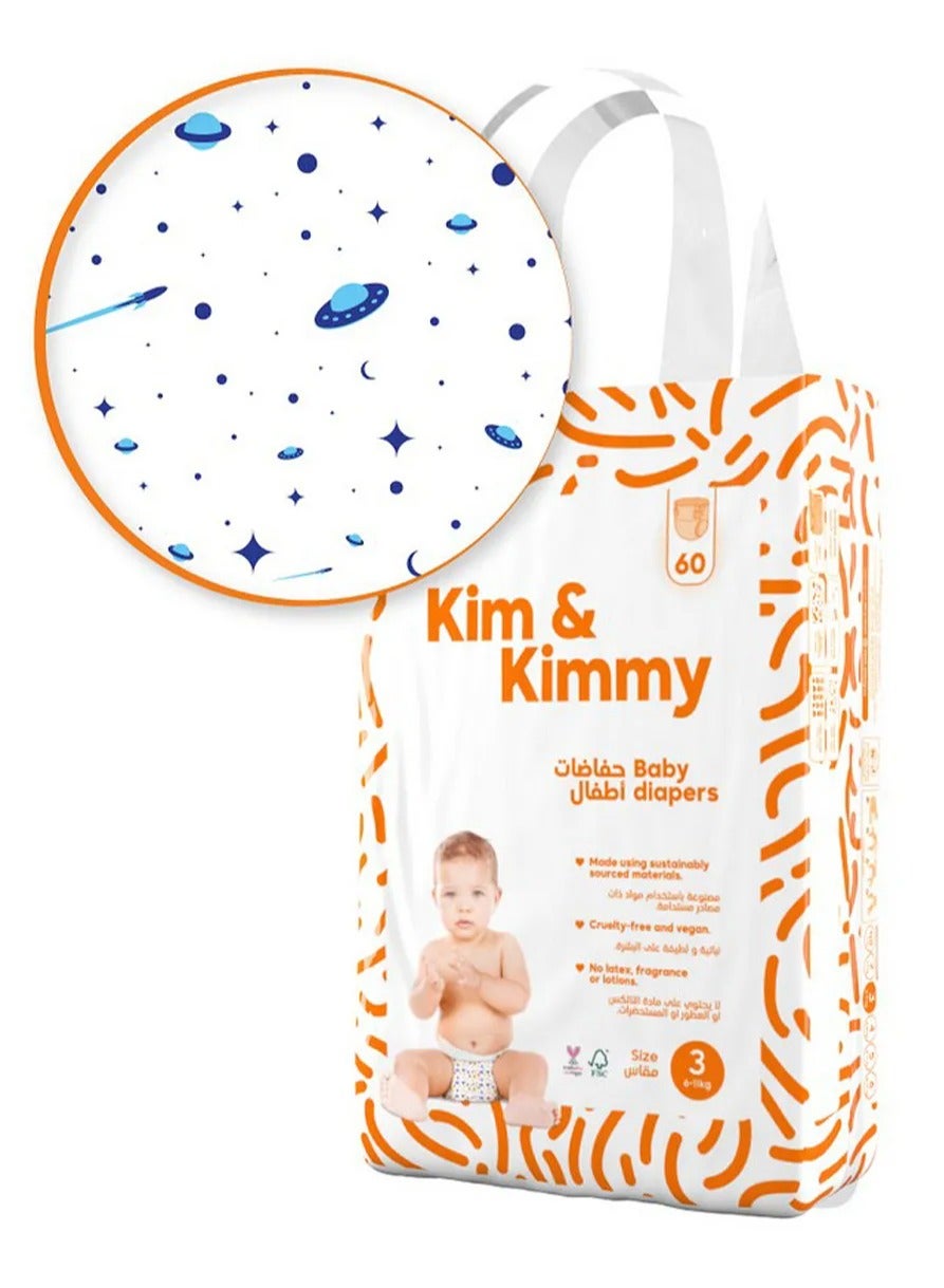 Kim & Kimmy Ultra-Thin Soft Tape Style Diapers Size 3 (6-11kg) 60 Pieces with 12hr Leak Protection and Wetness Indicator
