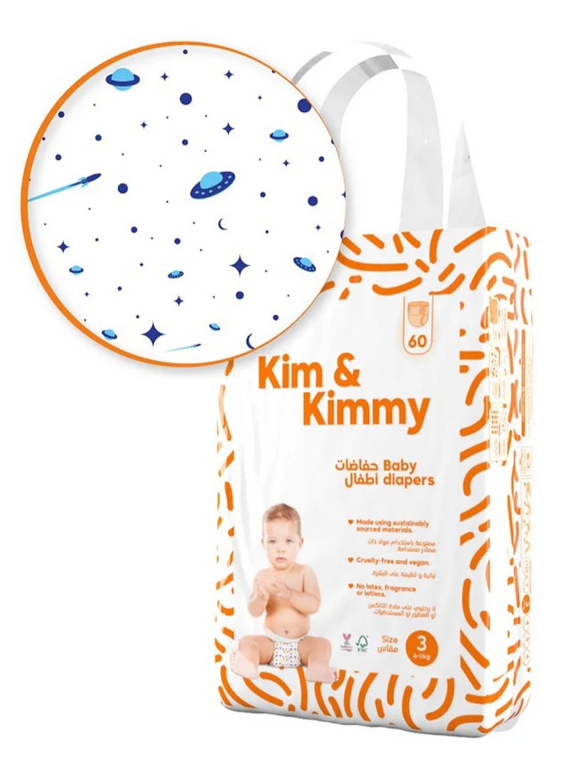 Kim & Kimmy Space Travel Ultra-Thin Soft Tape Style Diapers Size 3 (6-11kg) 60 Pieces with 12hr Leak Protection and Wetness Indicator